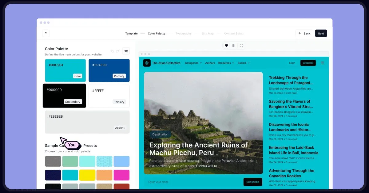 The beehiiv website builder: color palette step on the left, live site preview on the right