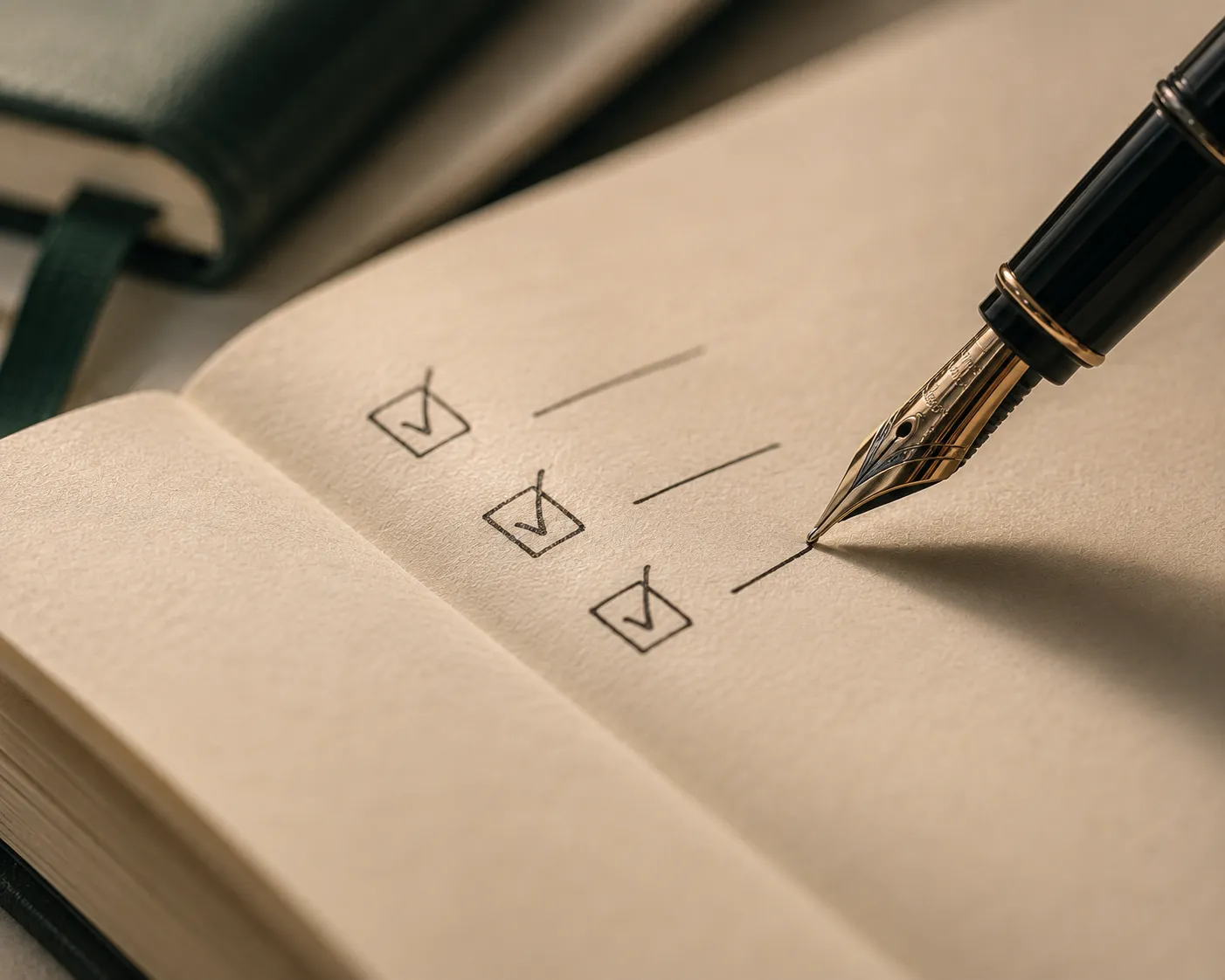 A fountain pen ticking boxes on a handwritten checklist in a notebook